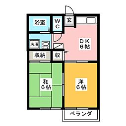 グリーン東中条 2階2DKの間取り