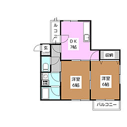 ハイツウィング金子 3階2DKの間取り