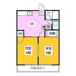 シティハイムドミールＢ棟 2階2DKの間取り