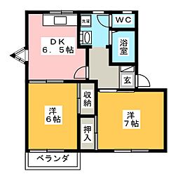 フレグランスひらせ　Ａ棟 2階2DKの間取り