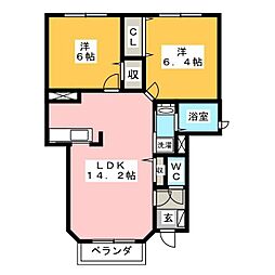 ガーデンハウス朝日山　Ｄ 1階2LDKの間取り