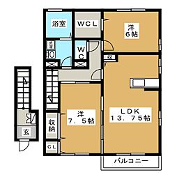 グランモアみなみ　Ａ 2階2LDKの間取り