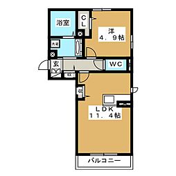 クレール三輪田町 1階1LDKの間取り