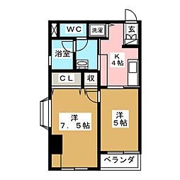 グランディオーゼナガノ 2階2Kの間取り