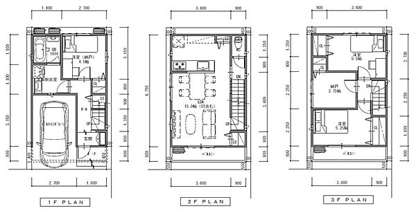 建物プラン例（平面図）　建物面積：８２．６１平米（１階：２１．８７平米・２階：３０．３７平米・３階：３０．３７平米）