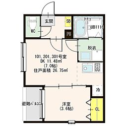 ハーモニーテラスALIVIOUCHIDABASHI 1DKの間取図画像