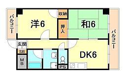 シャロームヒラノ 3階2DKの間取り