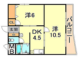 パークハイツ青谷 3階2DKの間取り
