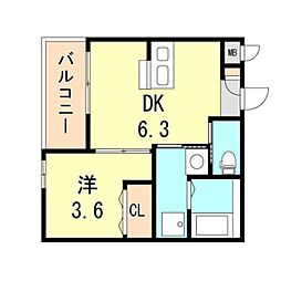 ワコーレヴィータ大開通 2階1DKの間取り