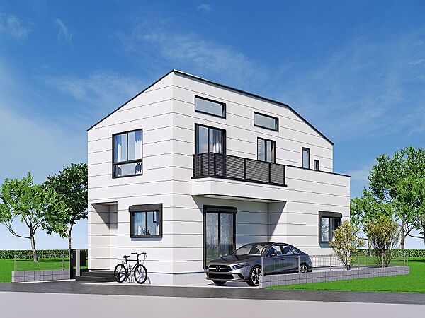 すみここちのいい家仕様の参考プランの完成予想パースです。延床面積９８．１２m2、間取りは２階リビングの３ＬＤＫです。フリープランもご相談ください。