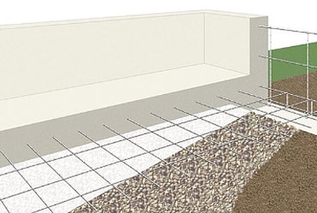 「鉄筋入りコンクリートベタ基礎」を標準採用。地面全体を基礎で覆うため、建物の加重を分散して地面に伝え、不同沈下に対する耐久性や耐震性が向上します。 床下全面がコンクリートなので防湿対策にもなります。