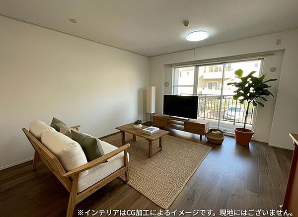 15帖の南向きLDK！ご家族が自然と集まるゆとりの空間です（※インテリアはCG加工によるイメージです。現地にはございません。）