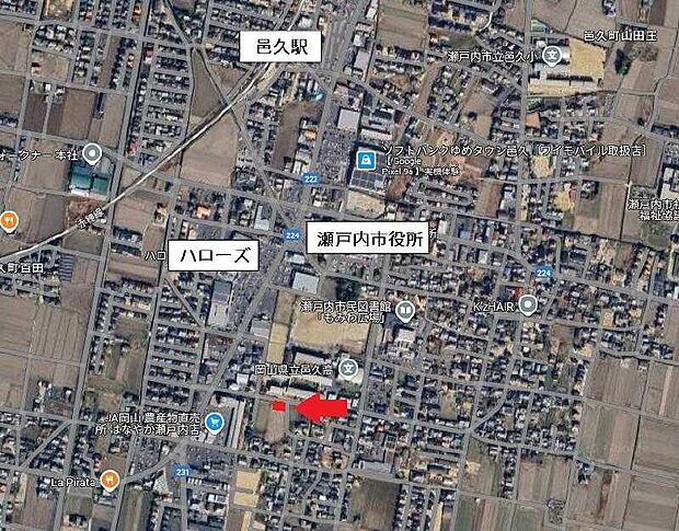 航空写真です。赤いマークの箇所が物件所在地です。