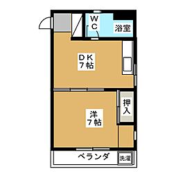 東急目黒線 目黒駅 徒歩15分の賃貸マンション 2階1DKの間取り
