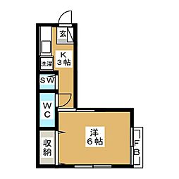 第2有園荘 1Kの間取図画像