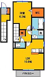 エクレール下栗C 2階1LDKの間取り