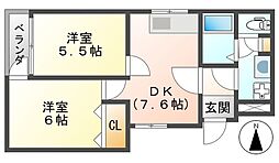 ローズコート富松 2階2DKの間取り