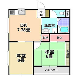 ウィングK 1階2DKの間取り
