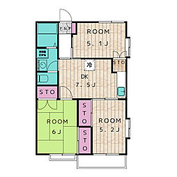 サニーセゾン東永谷Ｅ 2階3DKの間取り