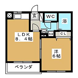 ベルシティ二本杉 1DKの間取図画像
