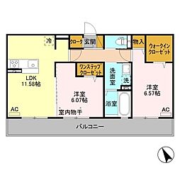 クレアシオン城北 2階2LDKの間取り