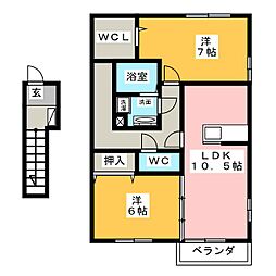 ロイヤルガーデン連取B 2階2LDKの間取り