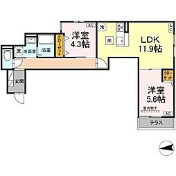 セレスティア六町III 1階2LDKの間取り