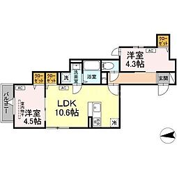 セレスティア六町III 3階2LDKの間取り