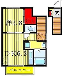 宝ルーセントＡ 2階1DKの間取り