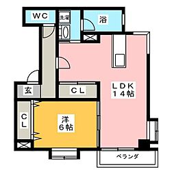 シティハイツ石原 6階1LDKの間取り