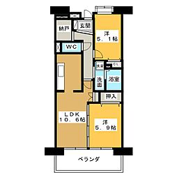 アーバンドエル庄内通 4階2LDKの間取り