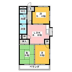 レヂデンス徳田 4階3DKの間取り