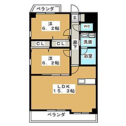 ポーラスター星ヶ丘山手8th 2階2LDKの間取り