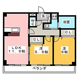 ウィル猫洞 1階2LDKの間取り