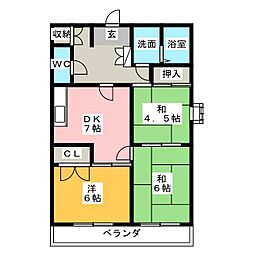 サンヴィラ花咲 202 2階3DKの間取り