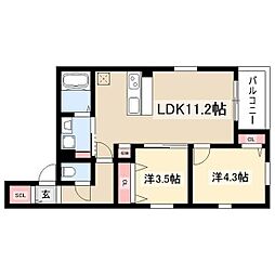サンクレール八田 2LDKの間取図画像