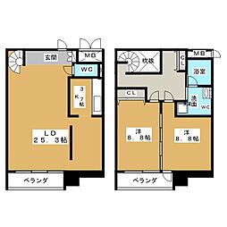 レジディア東桜II 14階2LDKの間取り