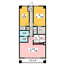 ソーラスフロント富船北棟 2LDKの間取図画像