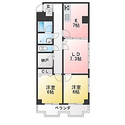 第11オーシャンビル 2LDKの間取図画像