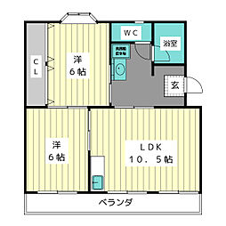 さくた中央ハイツ 2LDKの間取図画像
