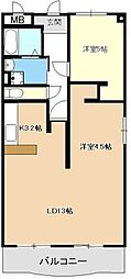 鬼頭ハイツ 2LDKの間取図画像