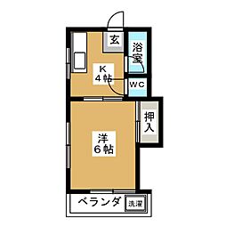 レジデンスたかお 2階1Kの間取り