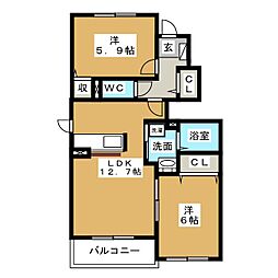 サウダーベル 1階2LDKの間取り