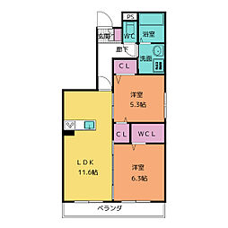 プランドール 2LDKの間取図画像