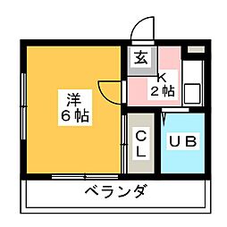 レオパレス植田第3 2階1Kの間取り
