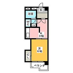 サンシャインビル北棟 2階1Kの間取り