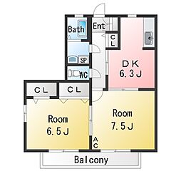 ベルメゾン大友B棟 2DKの間取図画像