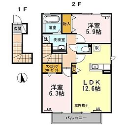 ハイム杉山Ａ棟 2階2LDKの間取り