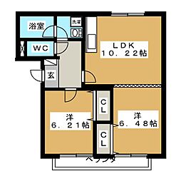 ハーベストマンション 2階2LDKの間取り