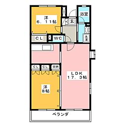 パルク山代 2階2LDKの間取り